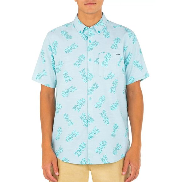 Hurley One‎ and Only Stretch Print Blue Button Down SS Shirt Men's M NWT - Picture 1 of 3